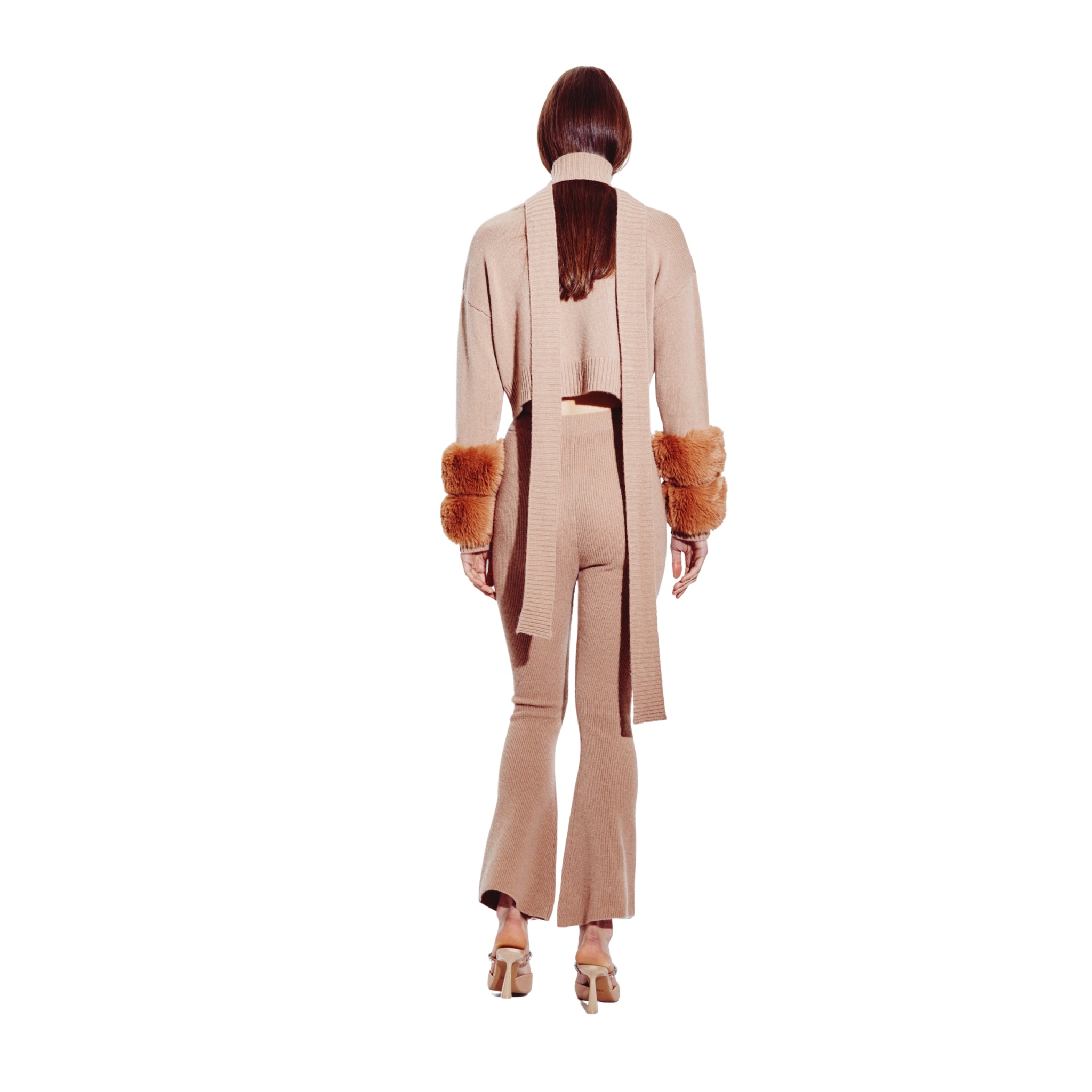 Cropped Faux Cuff Sweater with Necktie in Pecan