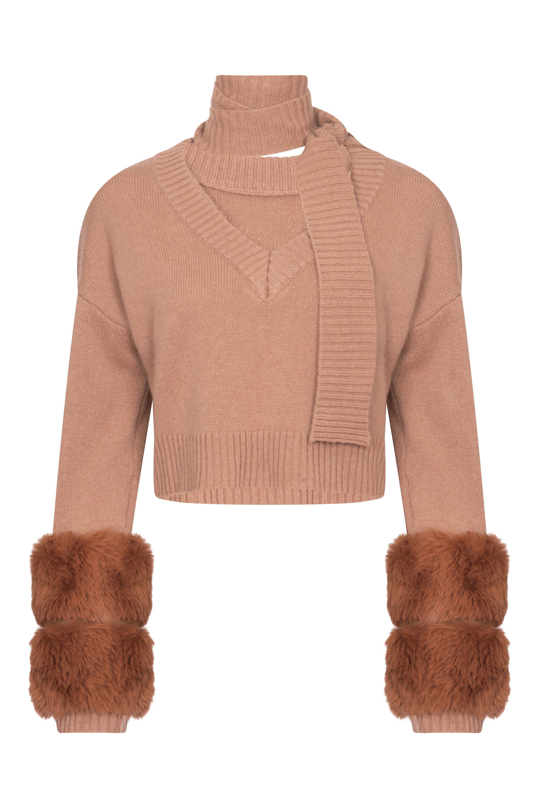 Cropped Faux Cuff Sweater with Necktie in Pecan