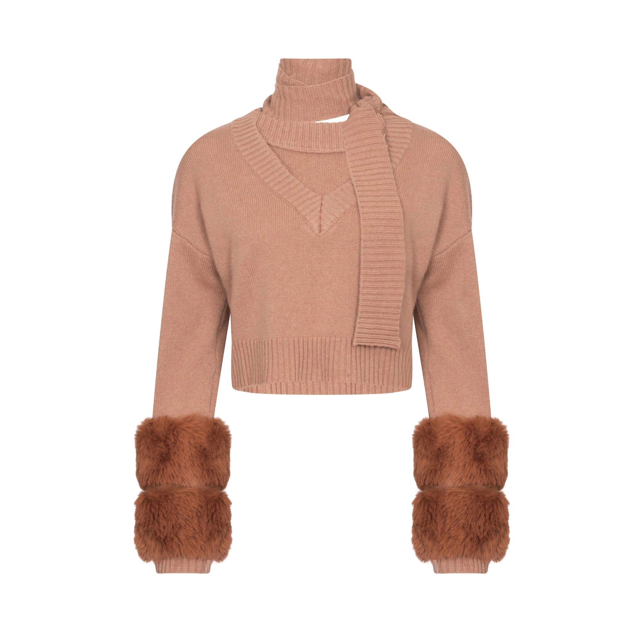 Cropped Faux Cuff Sweater with Necktie in Pecan