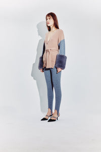 Embellished Colour Block Belted Cardigan in Pecan & Pewter