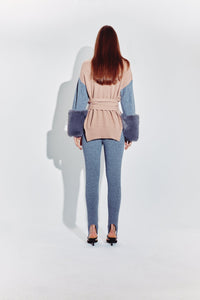 Embellished Colour Block Belted Cardigan in Pecan & Pewter