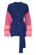 Load image into Gallery viewer, Embellished Colour Block Belted Cardigan in Cobalt &amp; Watermelon
