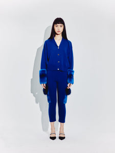 High Neck Buttoned Cardigan with Chinchilla Cuffs in Cobalt