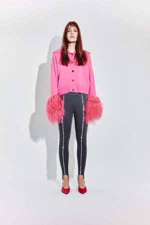 High Neck Buttoned Cardigan with Shearling Cuffs in Watermelon