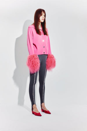 High Neck Buttoned Cardigan with Shearling Cuffs in Watermelon