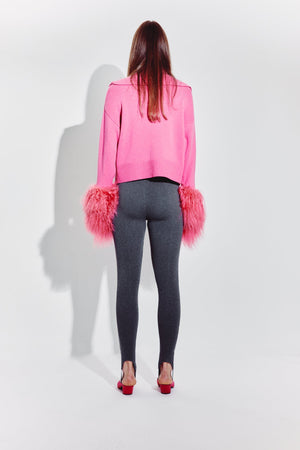 High Neck Buttoned Cardigan with Shearling Cuffs in Watermelon