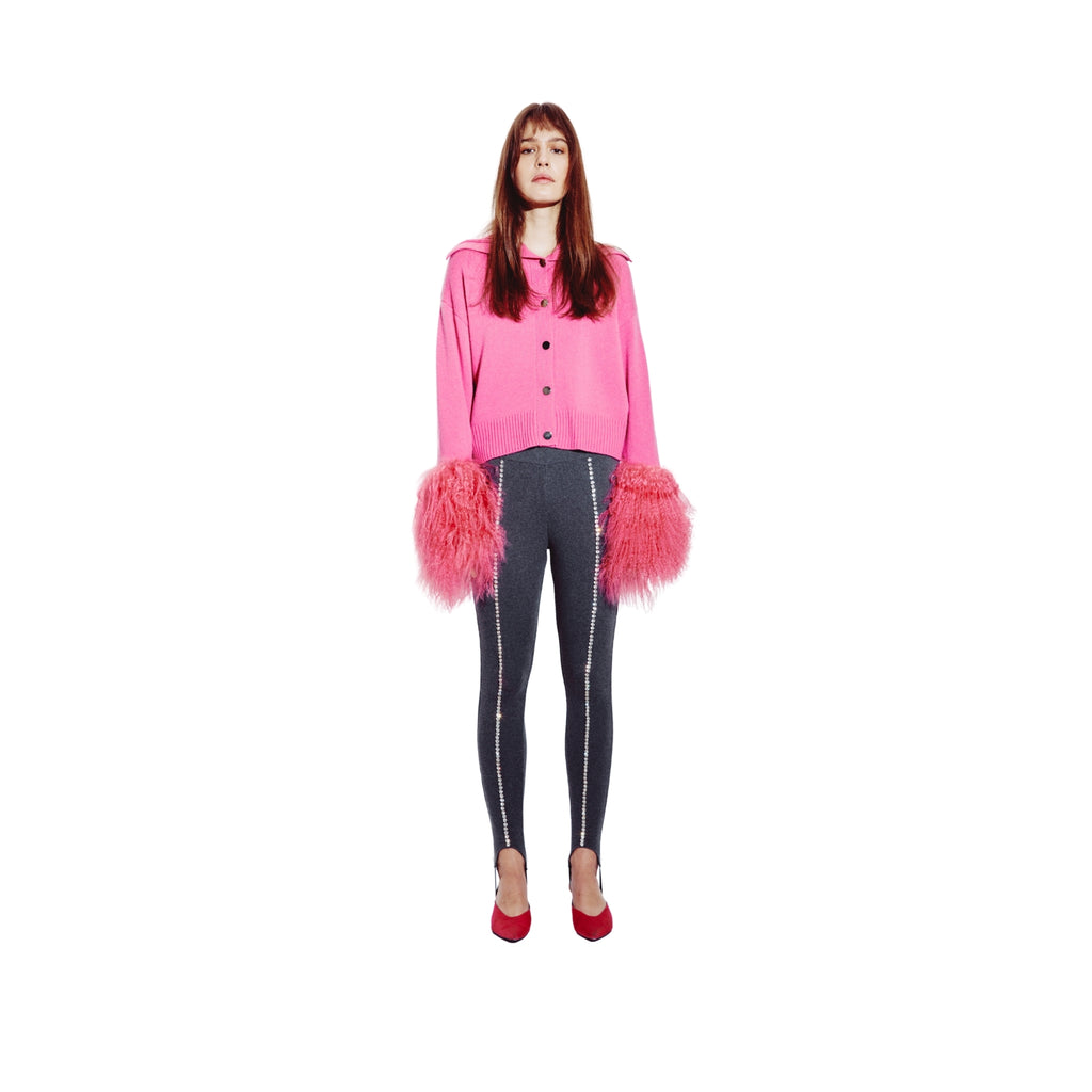 High Neck Buttoned Cardigan with Shearling Cuffs in Watermelon