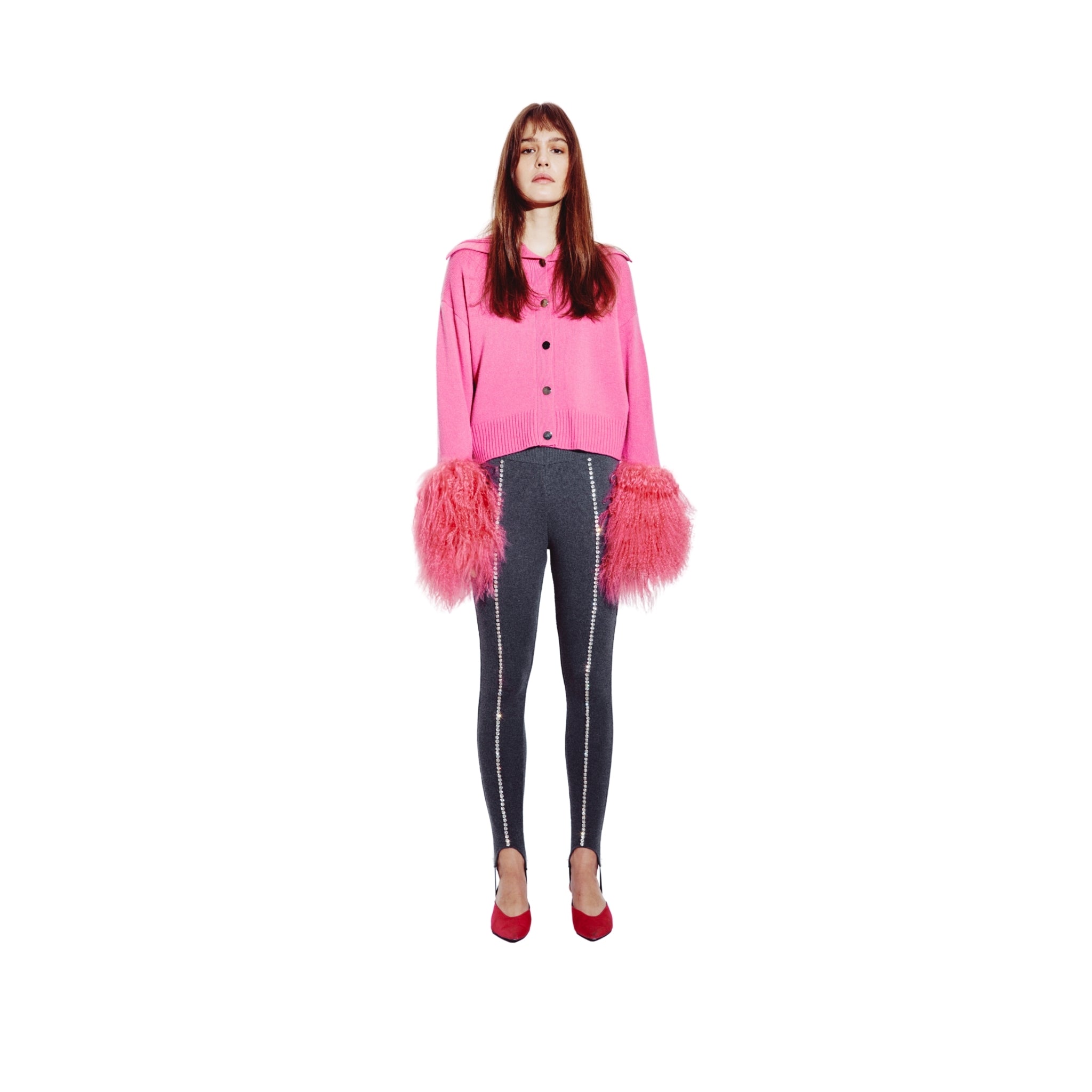 High Neck Buttoned Cardigan with Shearling Cuffs in Watermelon