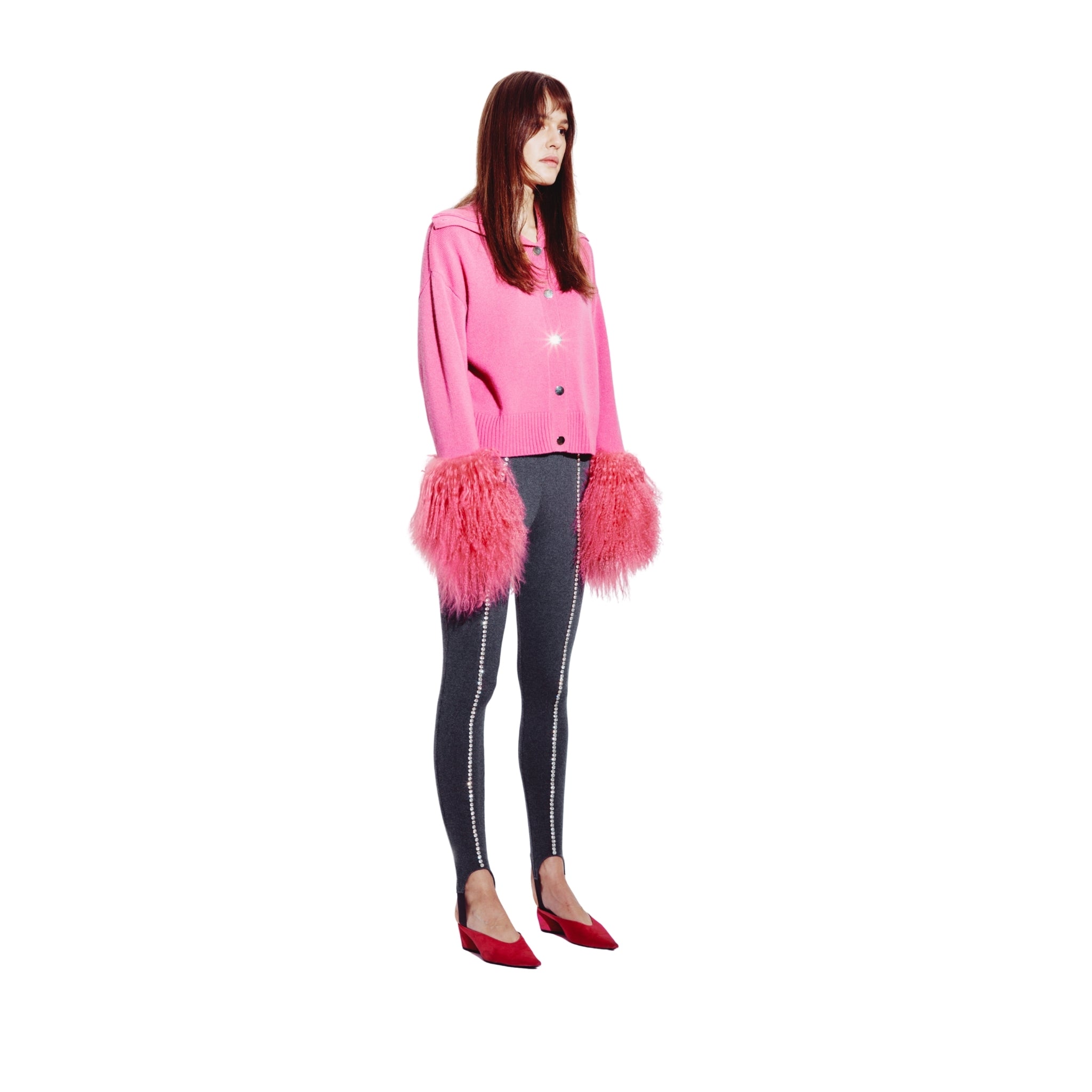 High Neck Buttoned Cardigan with Shearling Cuffs in Watermelon