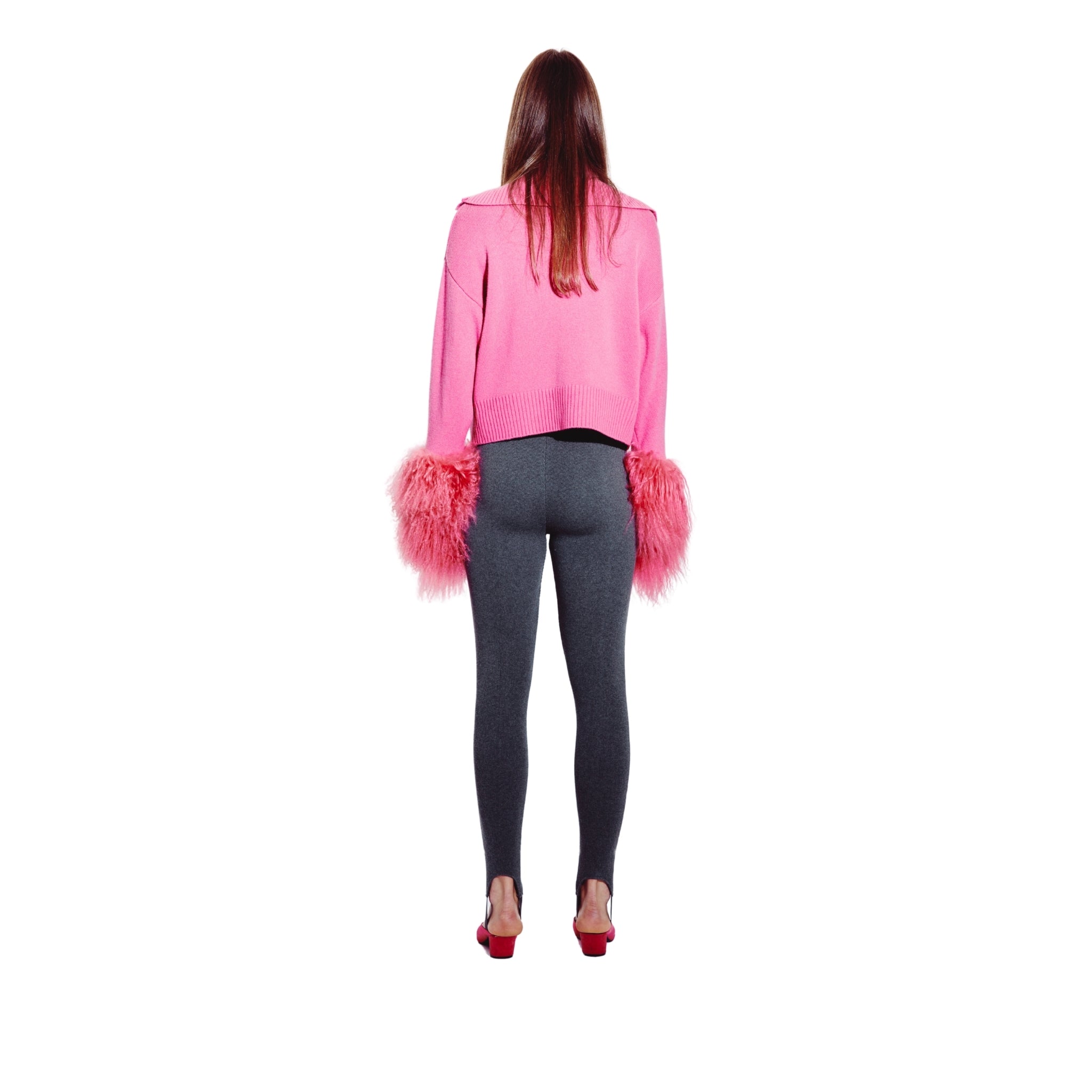 High Neck Buttoned Cardigan with Shearling Cuffs in Watermelon