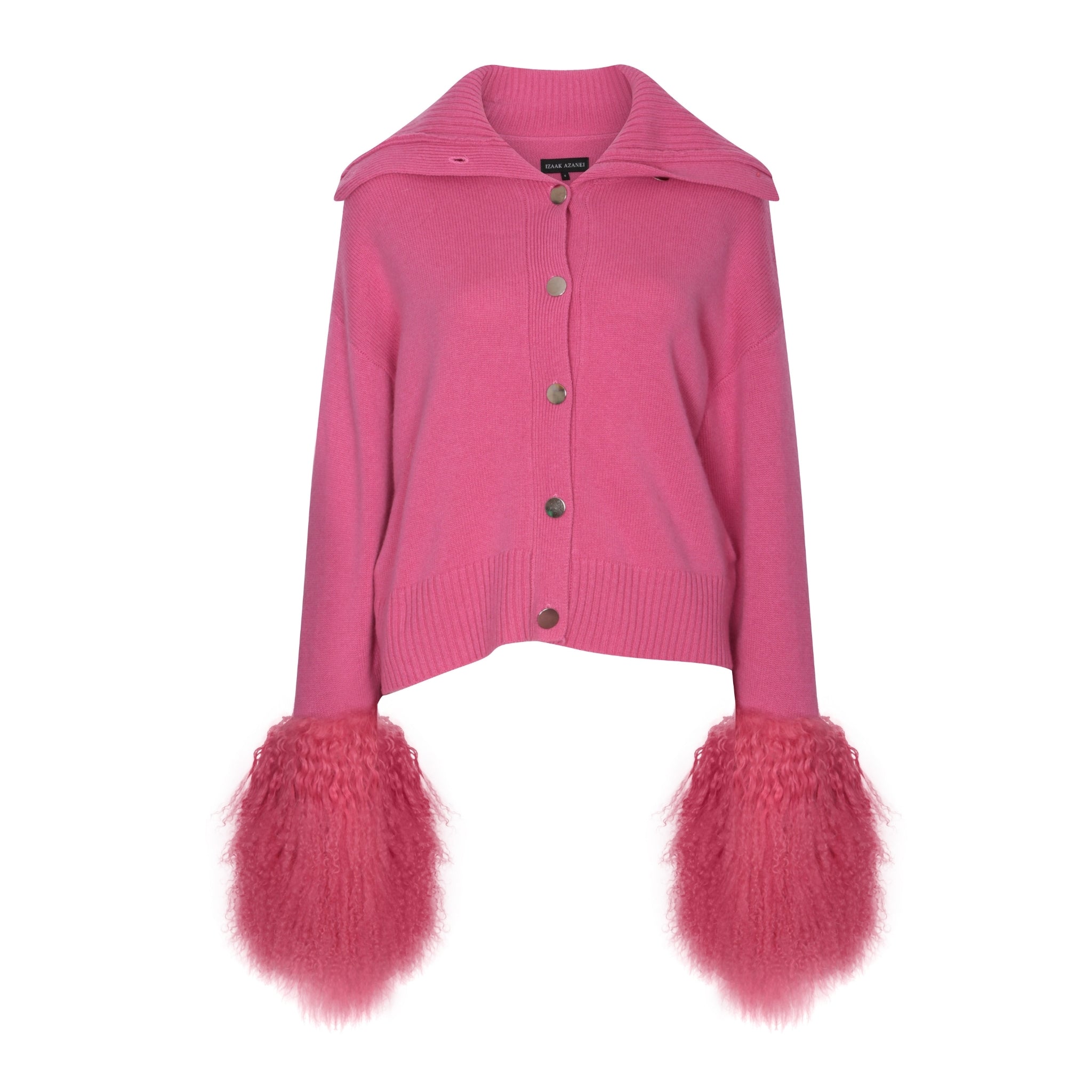 High Neck Buttoned Cardigan with Shearling Cuffs in Watermelon