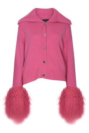 High Neck Buttoned Cardigan with Shearling Cuffs in Watermelon