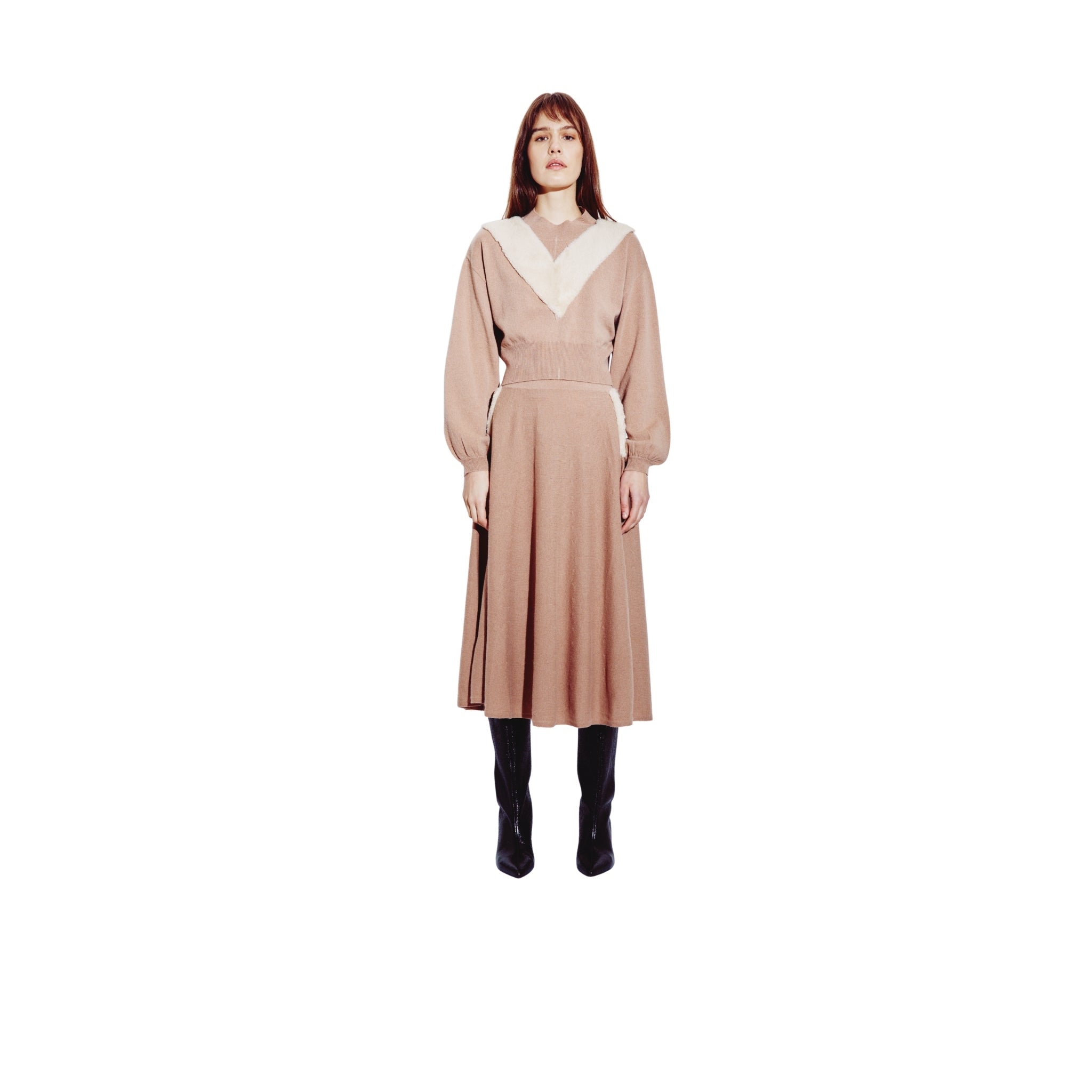Balloon Sleeve Sweater with Shearling Detail in Pecan