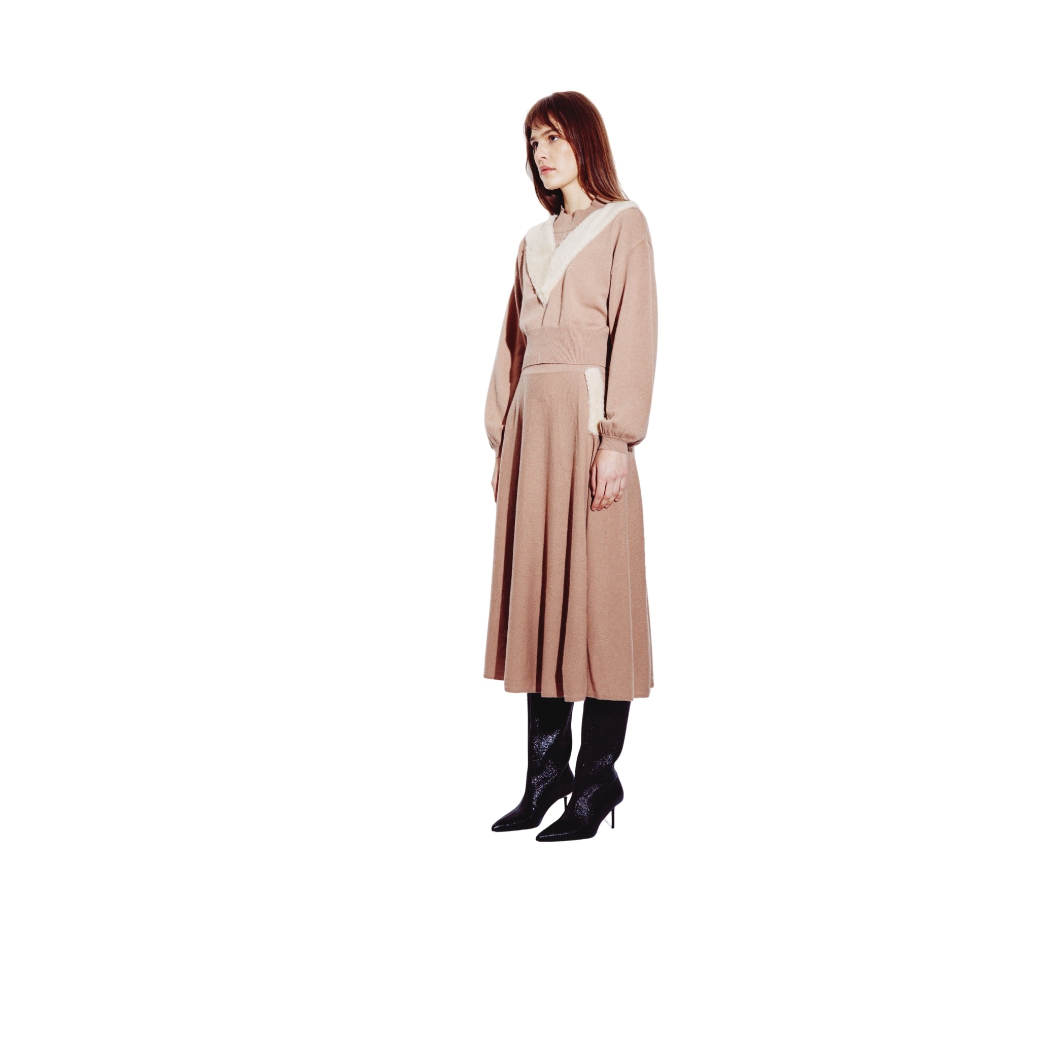 Balloon Sleeve Sweater with Shearling Detail in Pecan