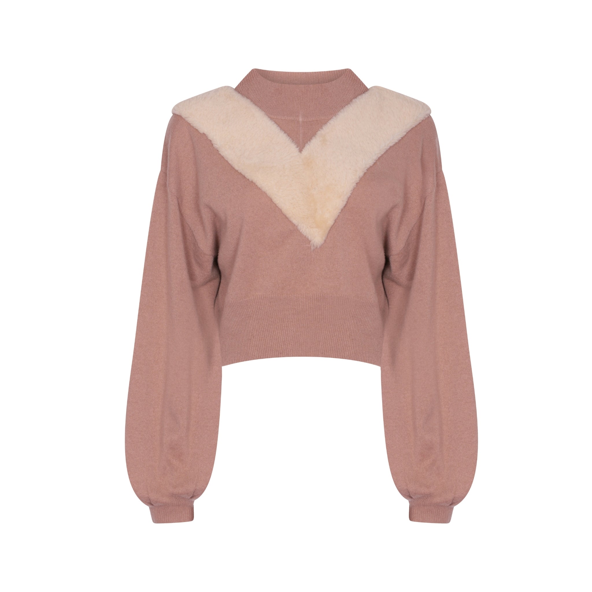 Balloon Sleeve Sweater with Shearling Detail in Pecan