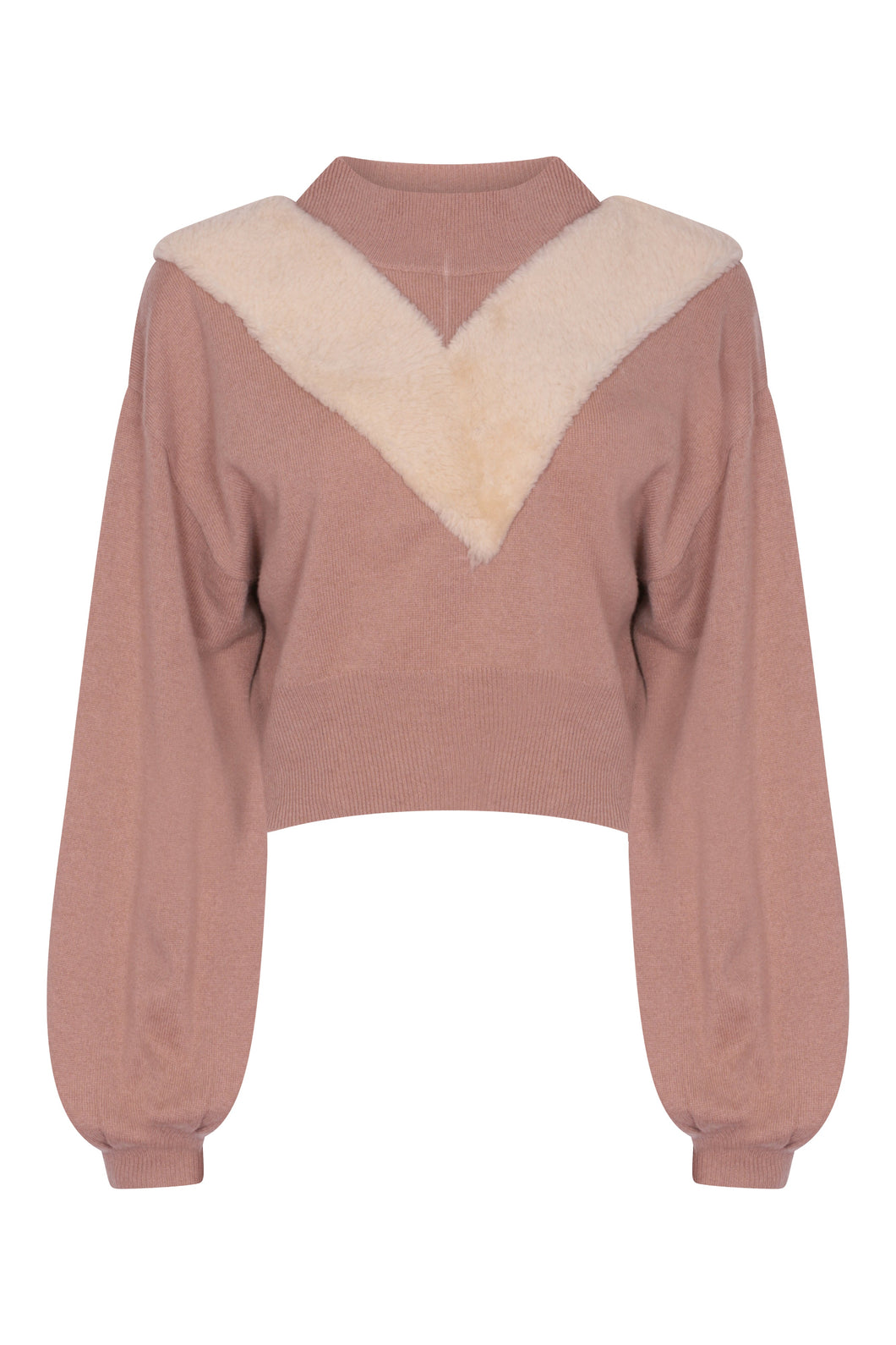 Balloon Sleeve Sweater with Shearling Detail in Pecan