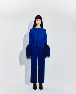 Round Neck Sweater with Shearling Cuffs in Cobalt