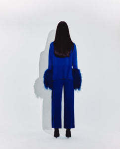 Round Neck Sweater with Shearling Cuffs in Cobalt