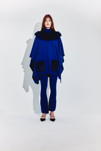 Cable Knit Poncho with Fox Fur Neckline & Pockets in Cobalt