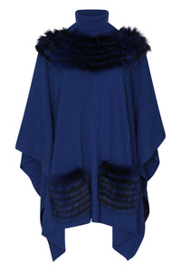 Cable Knit Poncho with Fox Fur Neckline & Pockets in Cobalt