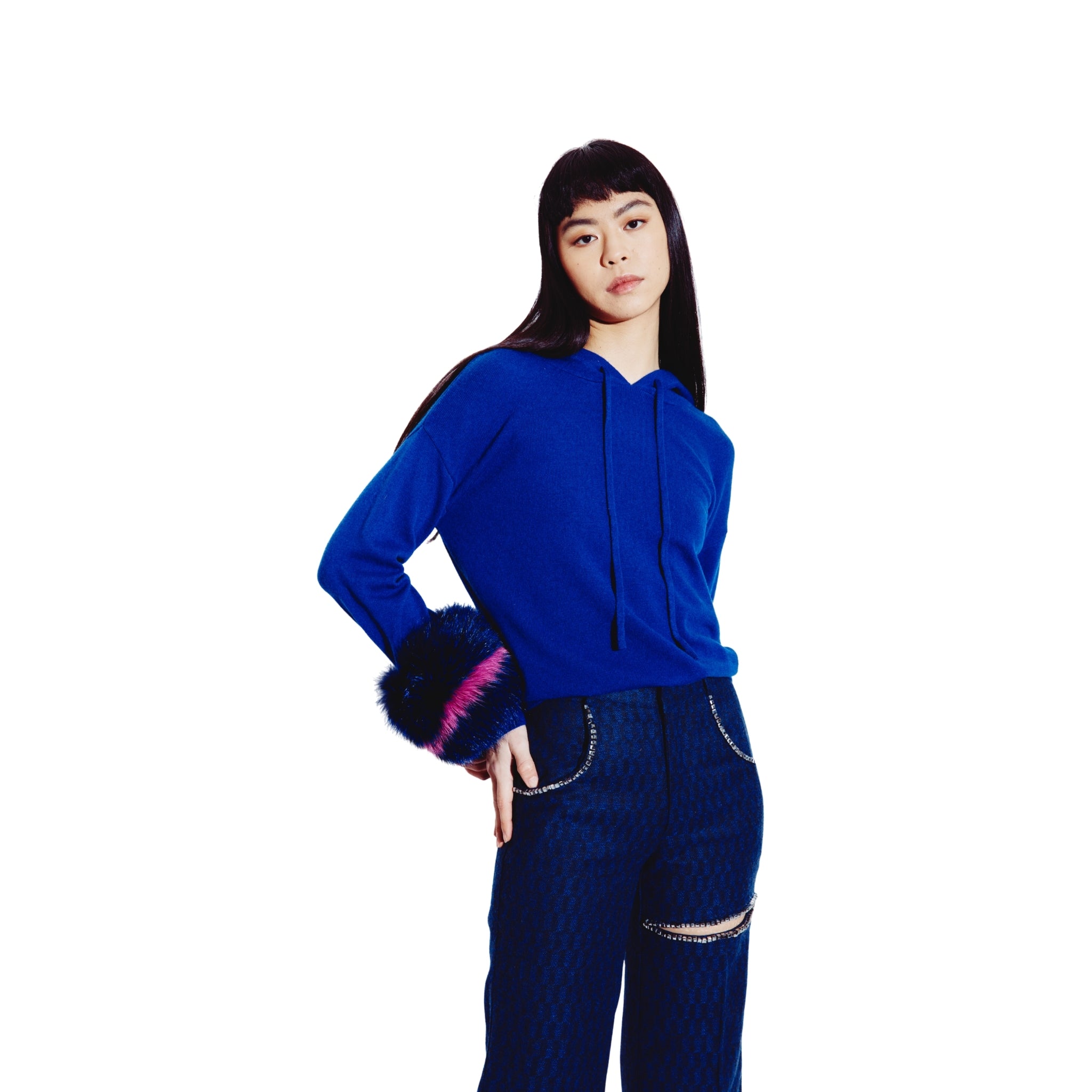 Hoodie with Colour Block Cuffs in COBALT