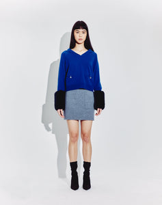 Relaxed Collar Sweater with Button Detail & Faux Cuffs in Cobalt