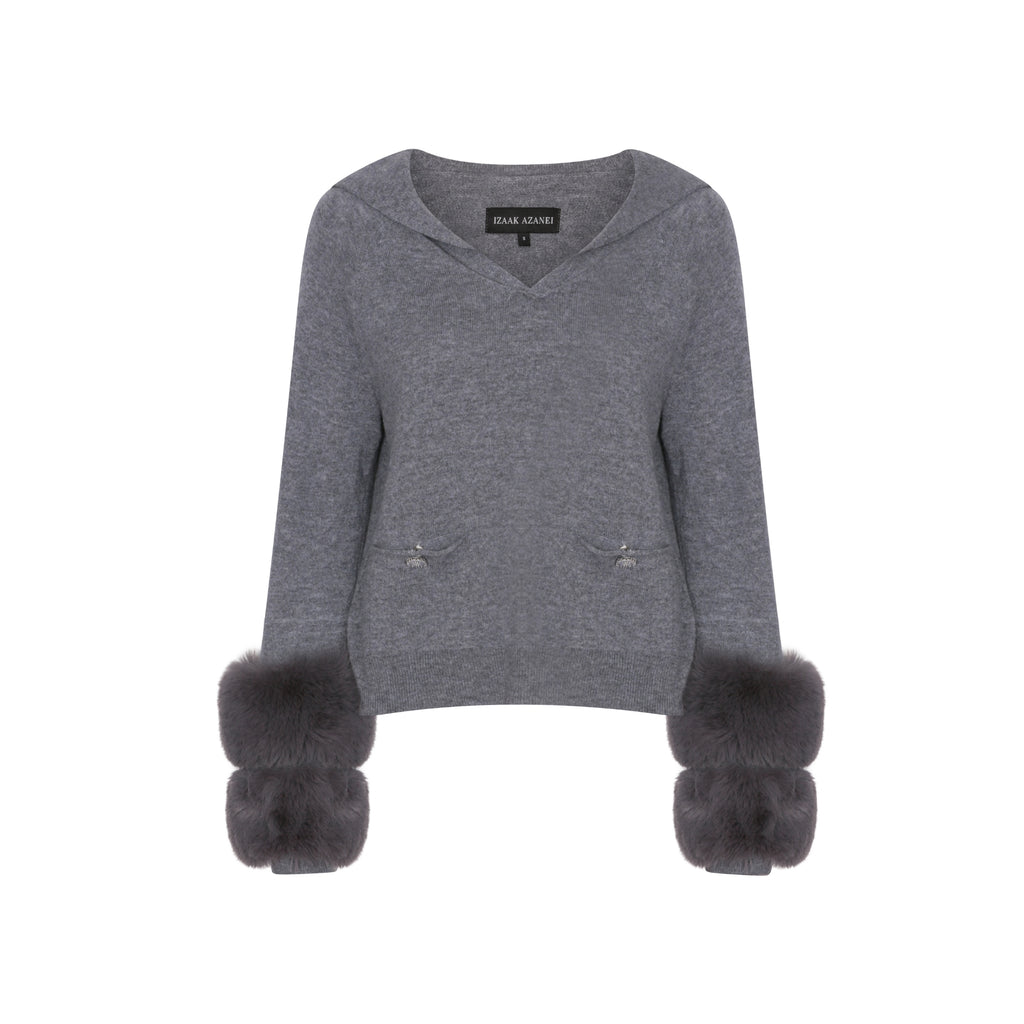 Relaxed Collar Sweater with Button Detail and Faux Cuffs in Pewter