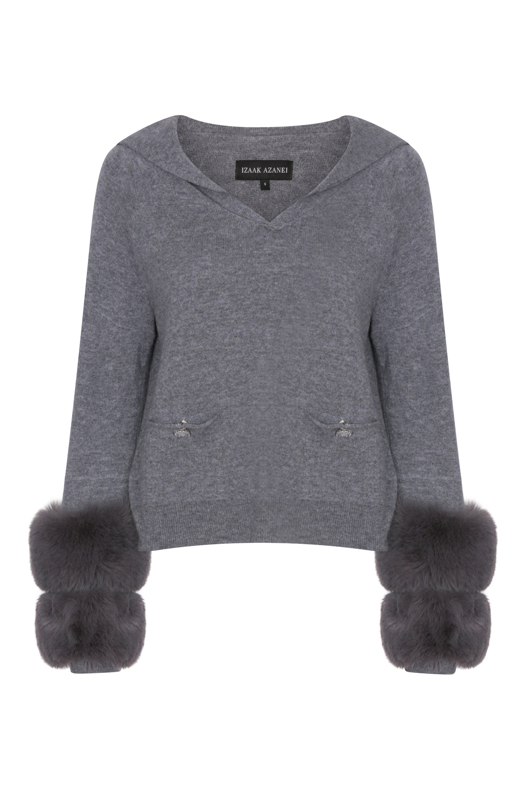 Relaxed Collar Sweater with Button Detail and Faux Cuffs in Pewter