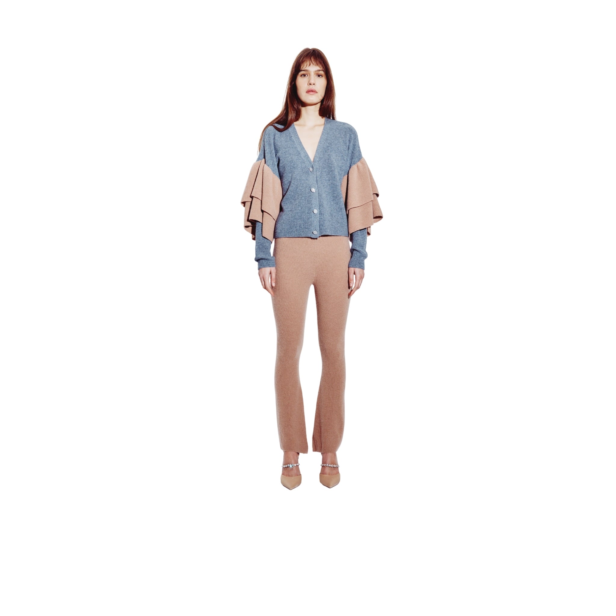 Ruffled Embellished Cardigan in Pewter & Pecan