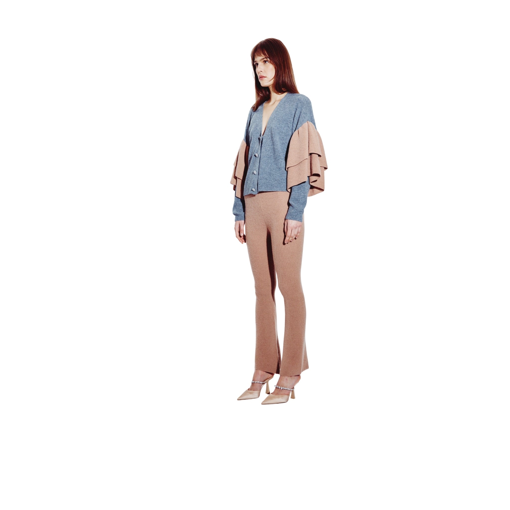 Ruffled Embellished Cardigan in Pewter & Pecan