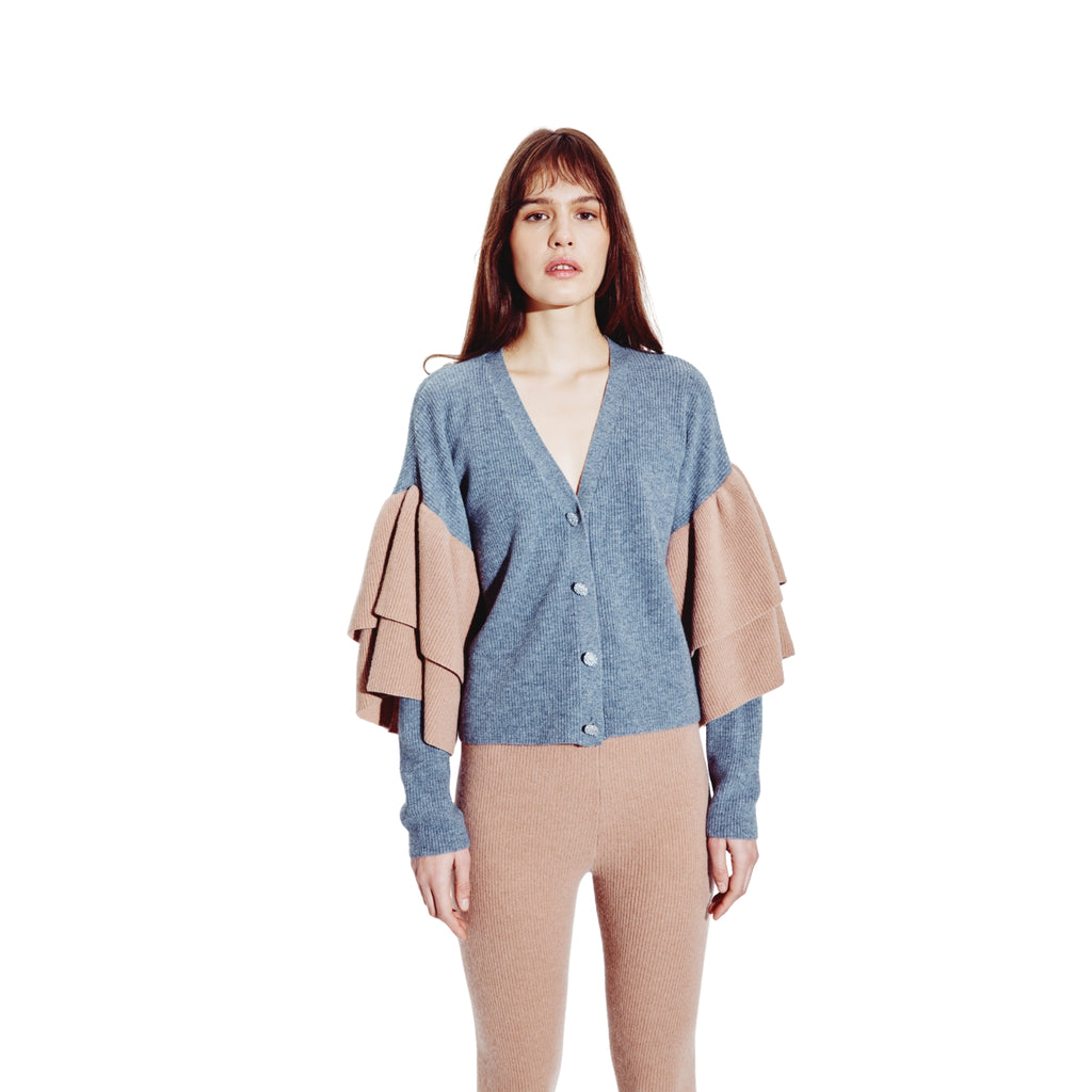 Ruffled Embellished Cardigan in Pewter & Pecan