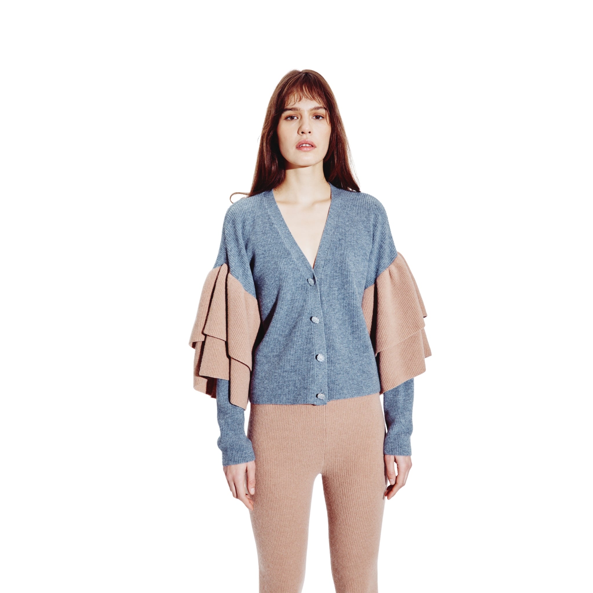 Ruffled Embellished Cardigan in Pewter & Pecan