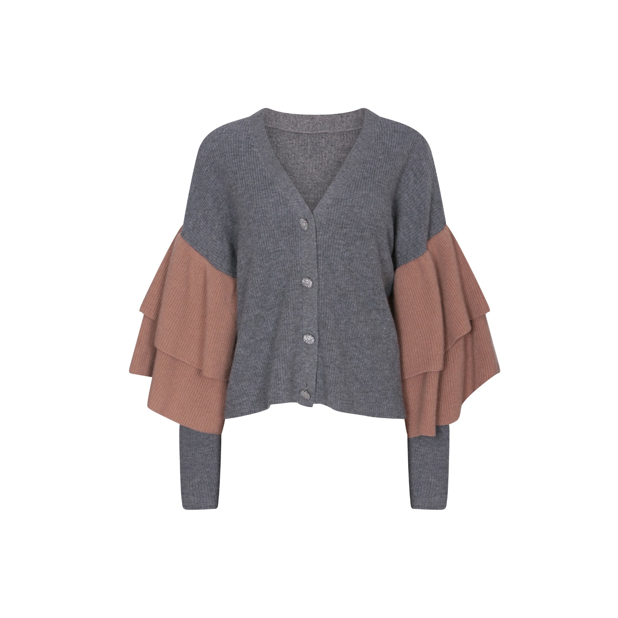 Ruffled Embellished Cardigan in Pewter & Pecan