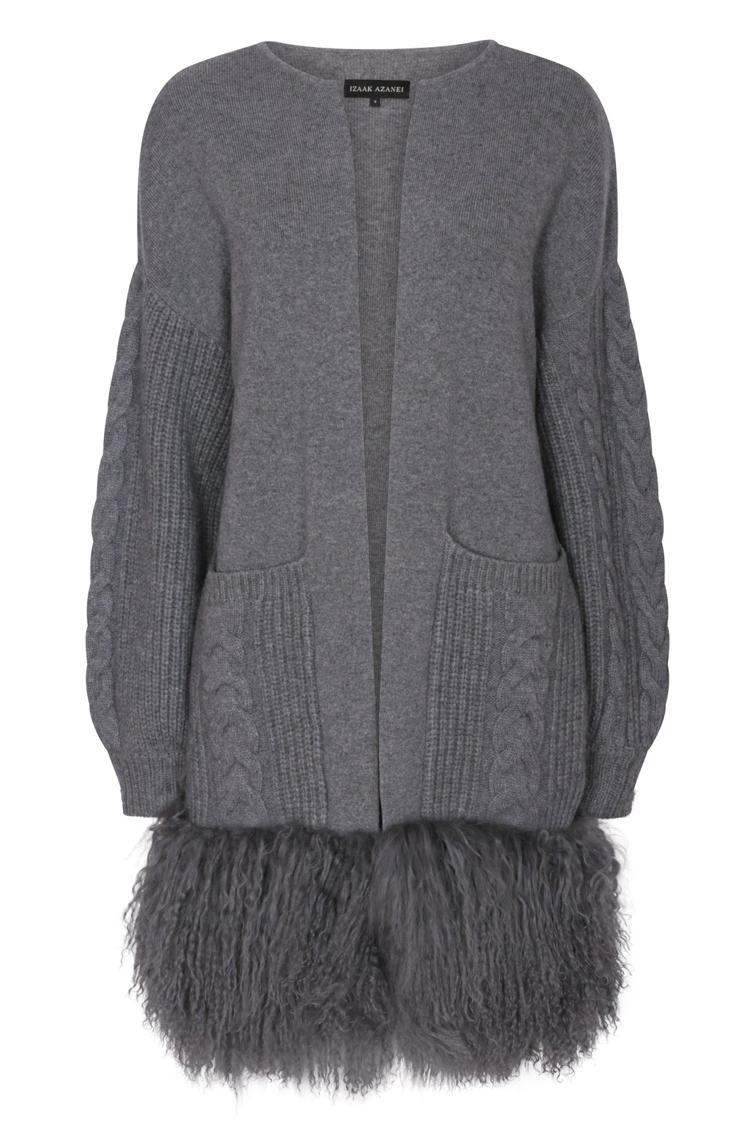 Cable Knit Cardigan Coat with Shearling Trim in Pewter