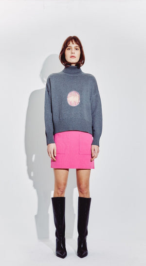 Embellished Cutout Polo Neck Sweater in Steel
