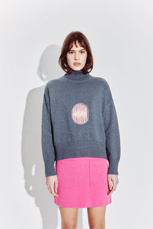 Embellished Cutout Polo Neck Sweater in Steel