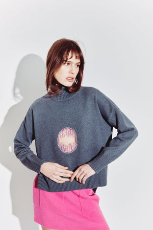 Embellished Cutout Polo Neck Sweater in Steel