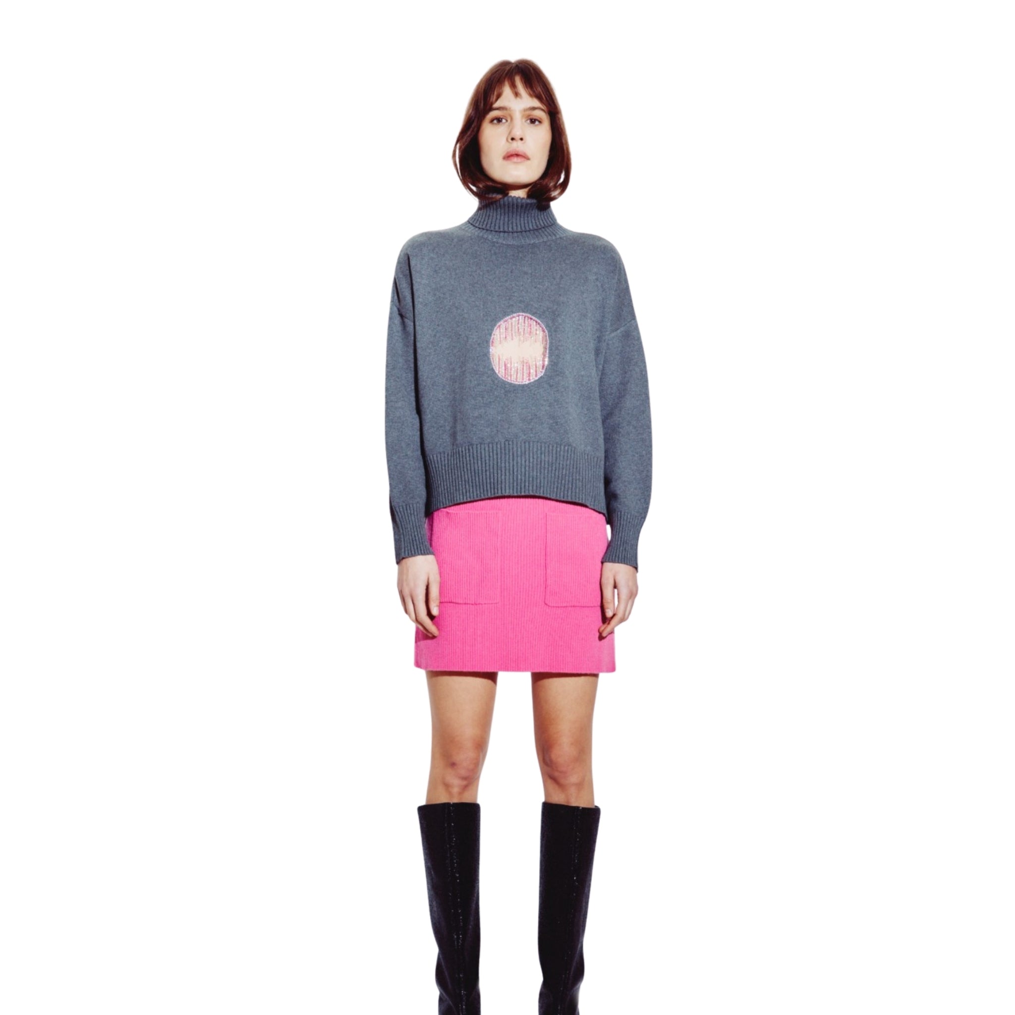 Embellished Cutout Polo Neck Sweater in Steel