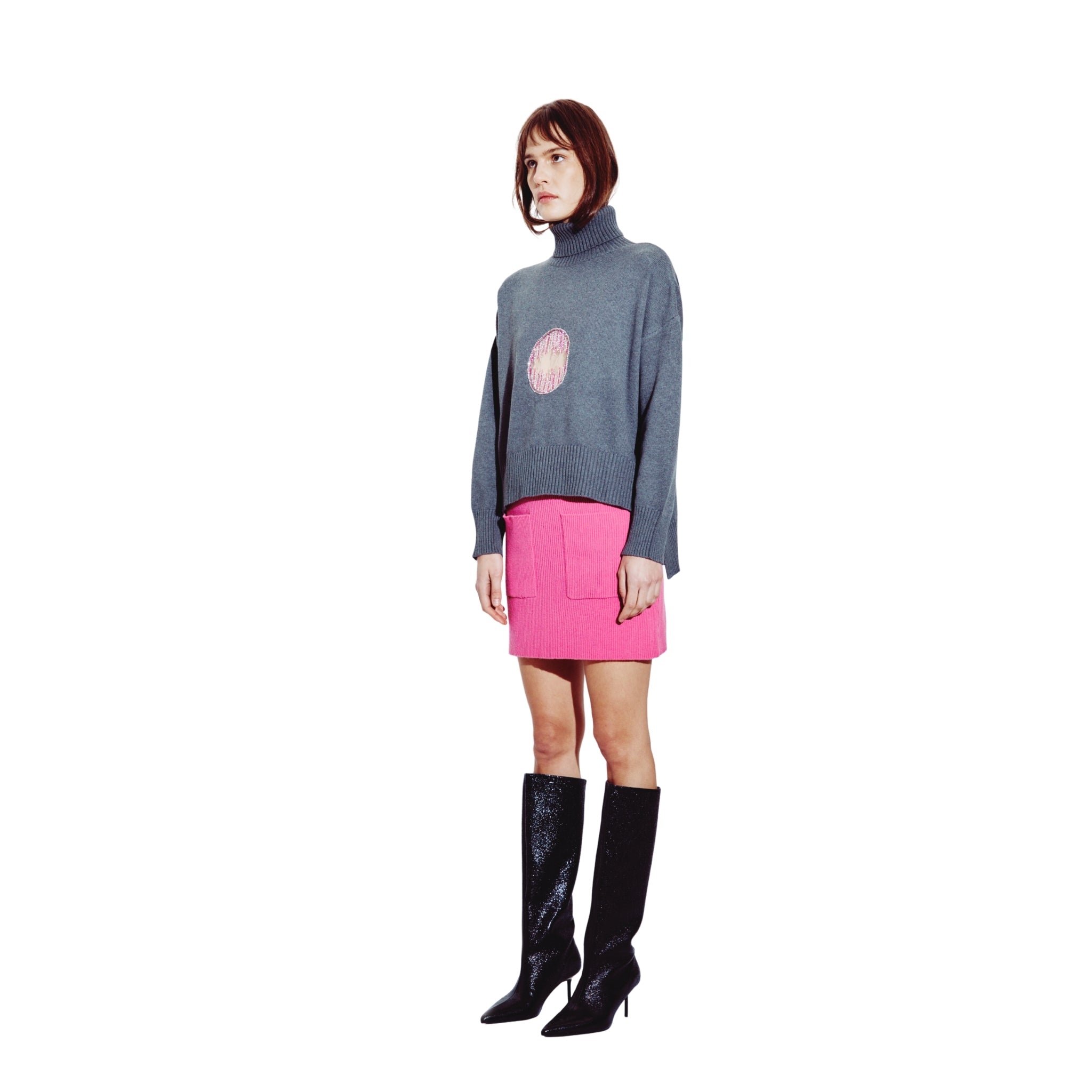 Embellished Cutout Polo Neck Sweater in Steel