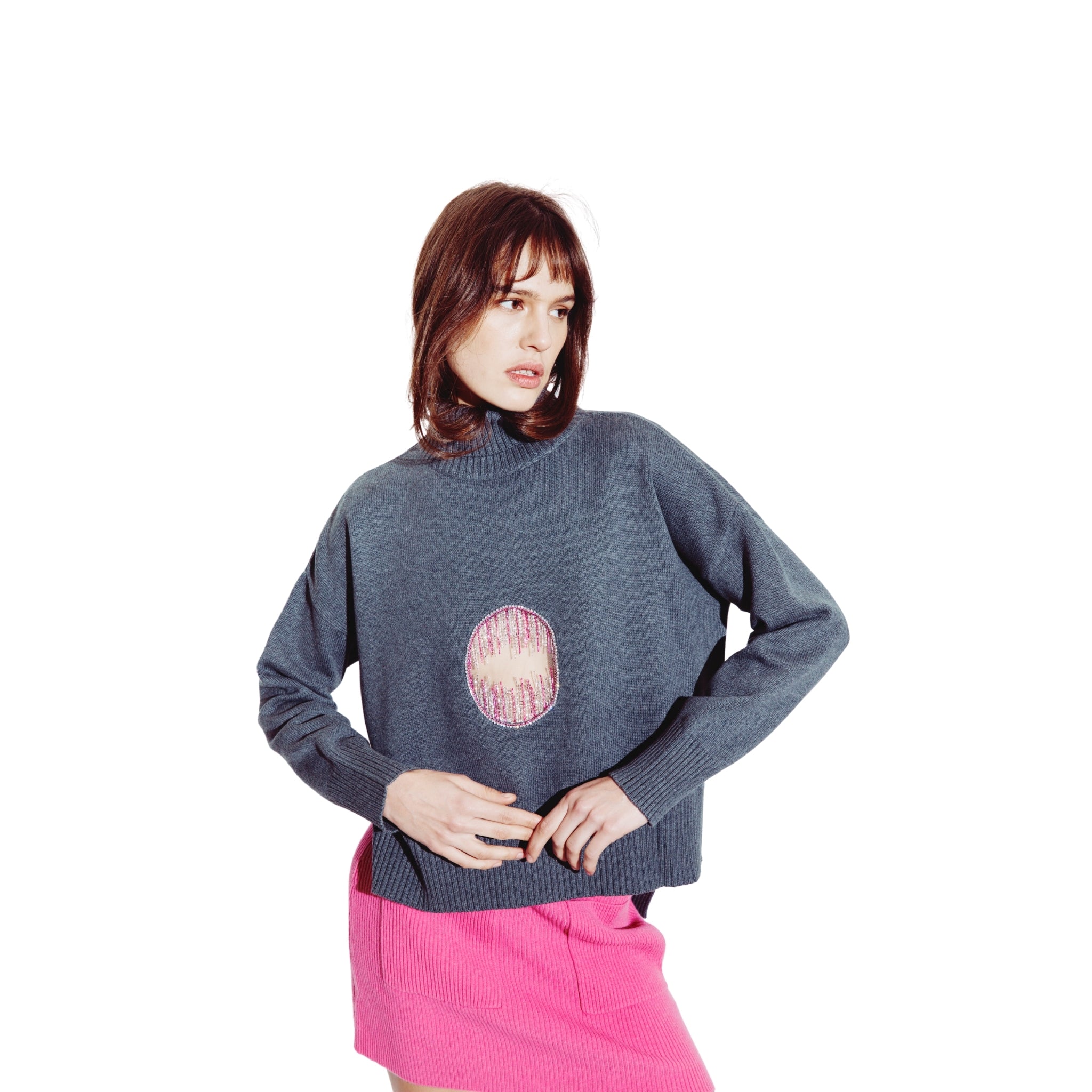 Embellished Cutout Polo Neck Sweater in Steel