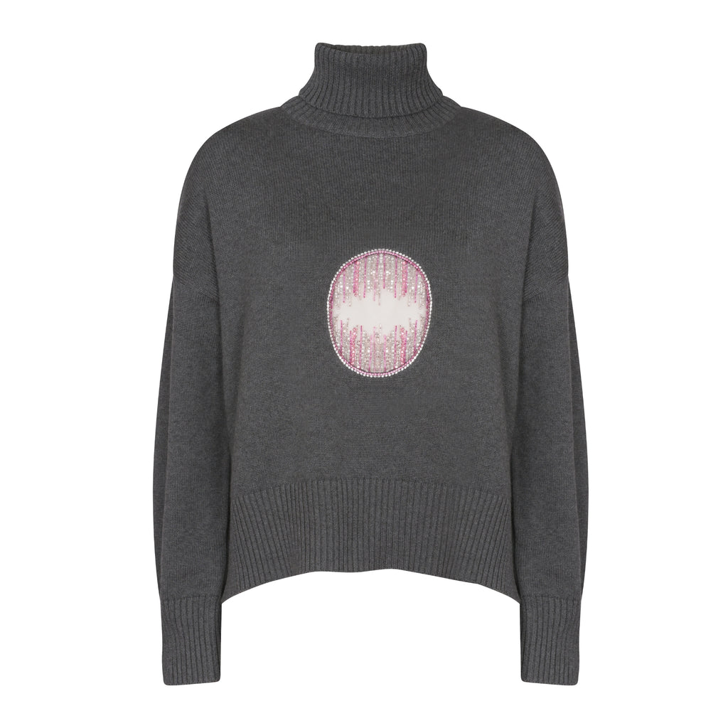 Embellished Cutout Polo Neck Sweater in Steel