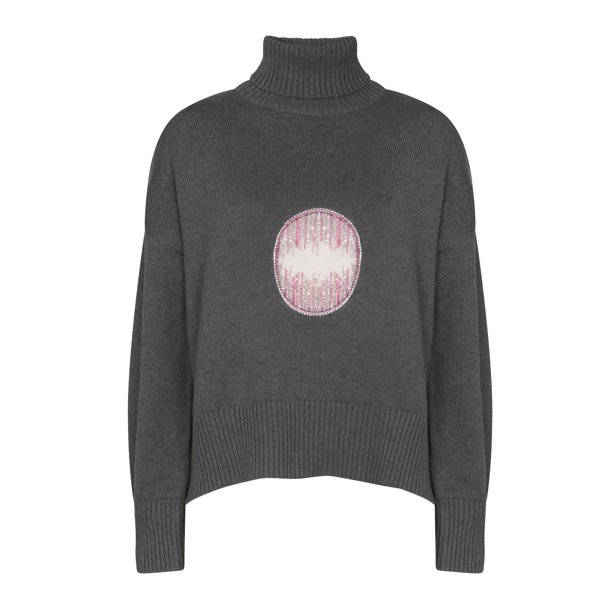 Embellished Cutout Polo Neck Sweater in Steel