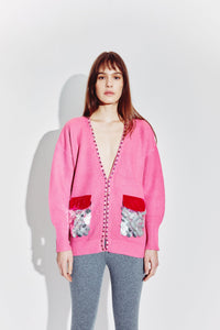 Oversized Cardigan with Velvet and Sequin Pockets in Magenta