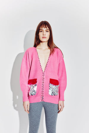 Oversized Cardigan with Velvet and Sequin Pockets in Magenta