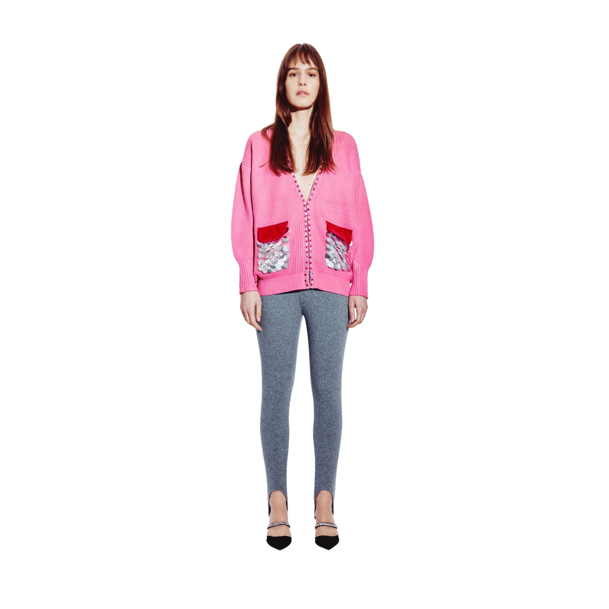 Oversized Cardigan with Velvet and Sequin Pockets in Magenta