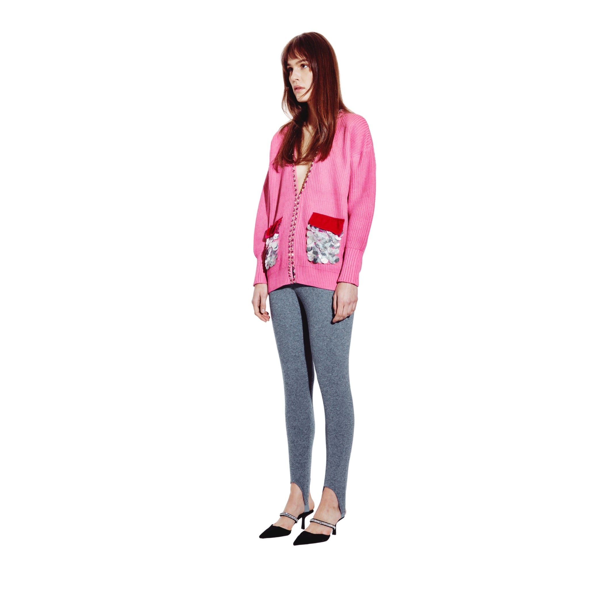 Oversized Cardigan with Velvet and Sequin Pockets in Magenta
