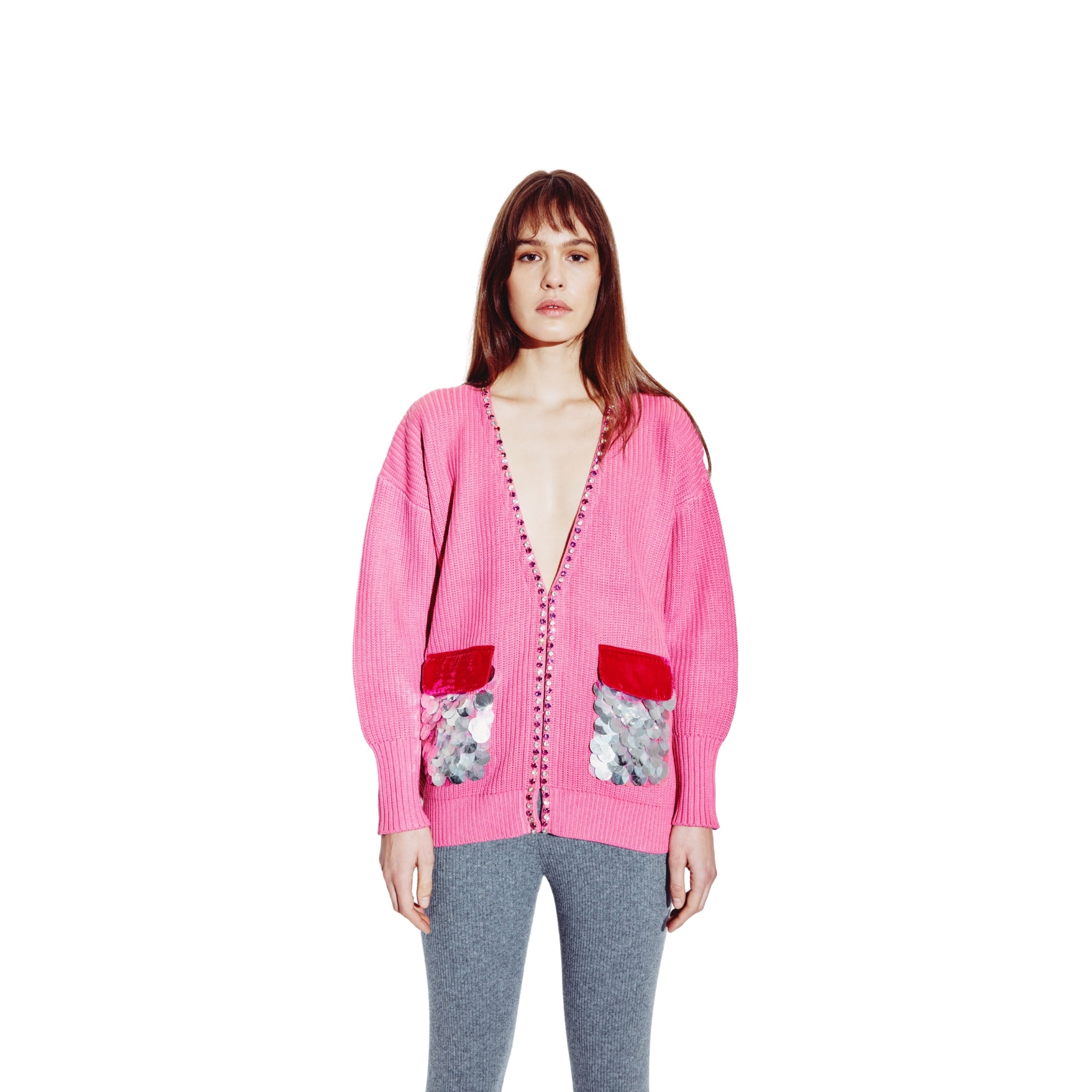 Oversized Cardigan with Velvet and Sequin Pockets in Magenta