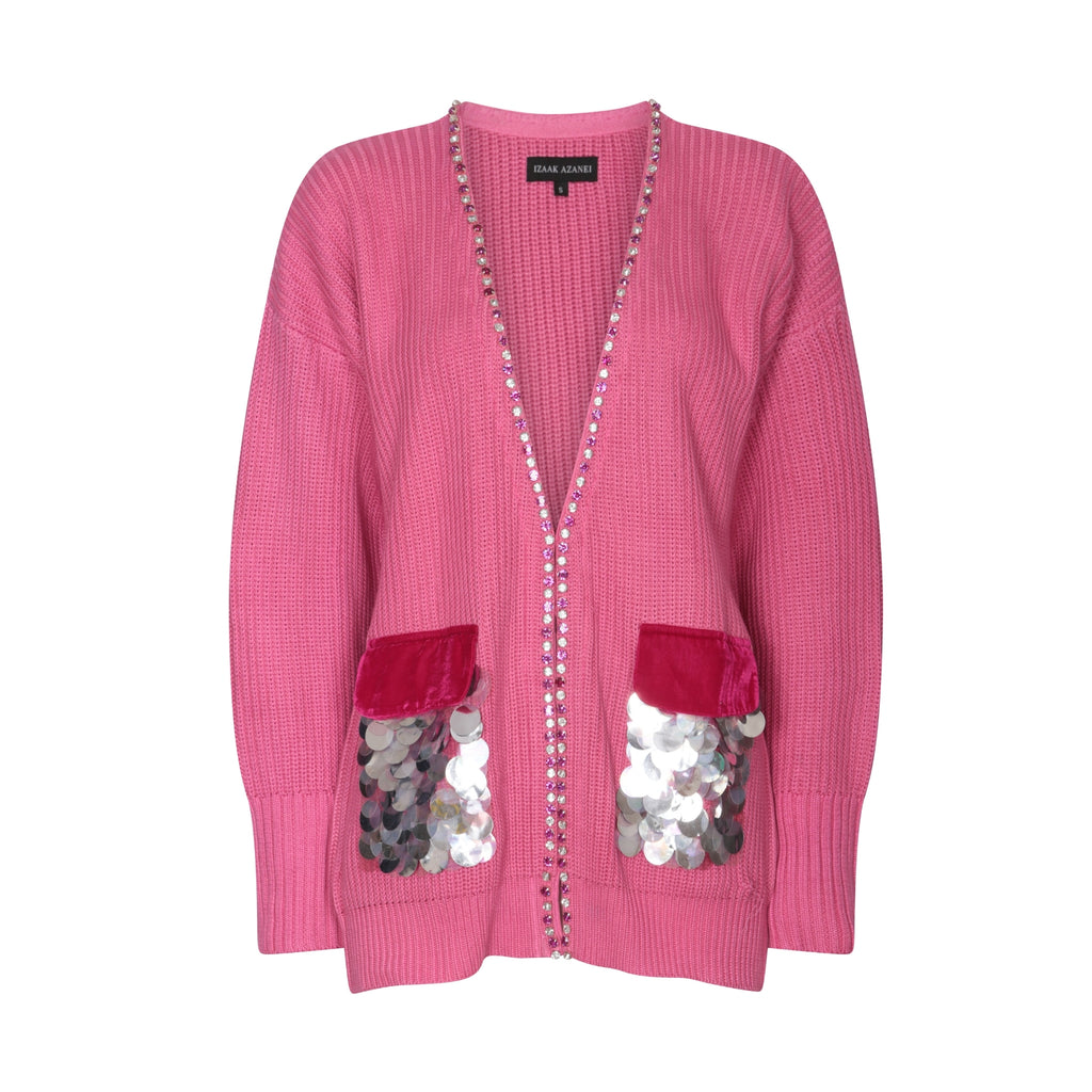 Oversized Cardigan with Velvet and Sequin Pockets in Magenta