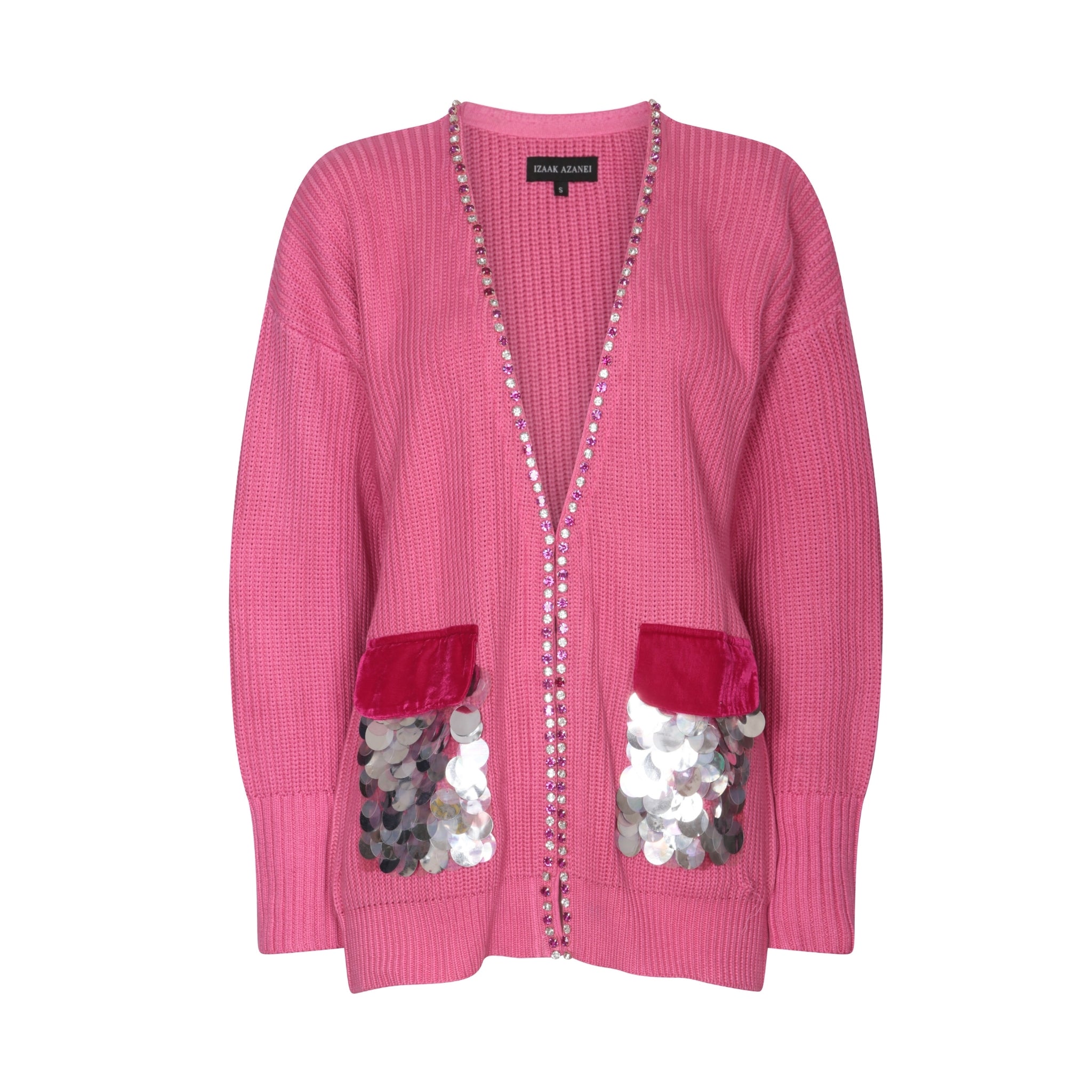 Oversized Cardigan with Velvet and Sequin Pockets in Magenta