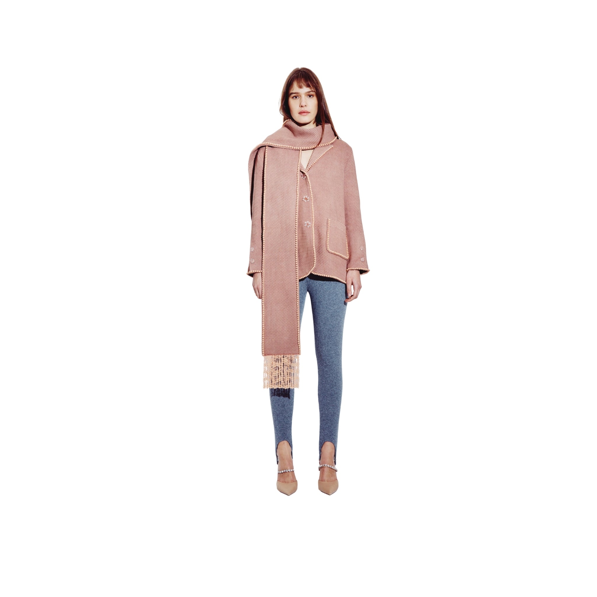 Pearl Fringed Coat & Scarf in Mocha